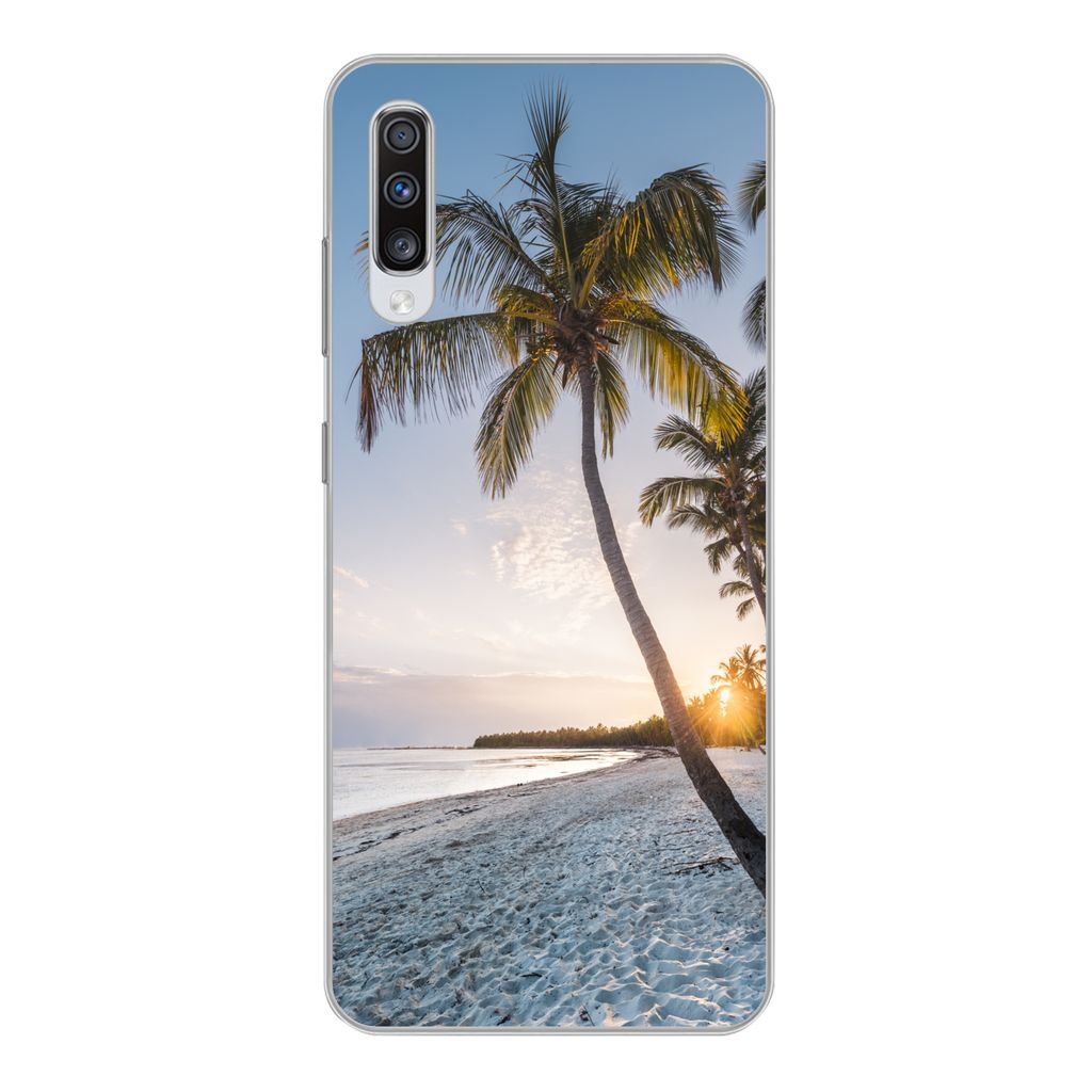 MuchoWow Handyhülle Schutzhülle Hülle für Samsung Galaxy A70 Strand - Sonnenuntergang - Palme Silikon Softcase Handy Hülle - Schutzhaube