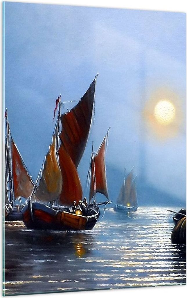 Bilder auf glas - Einteilig - Boote Sonne Fischer Angeln - 50x70cm - Glasbilder - Wandbilder - Bilder - zum Aufhängen bereit - Wanddekoration aus ...