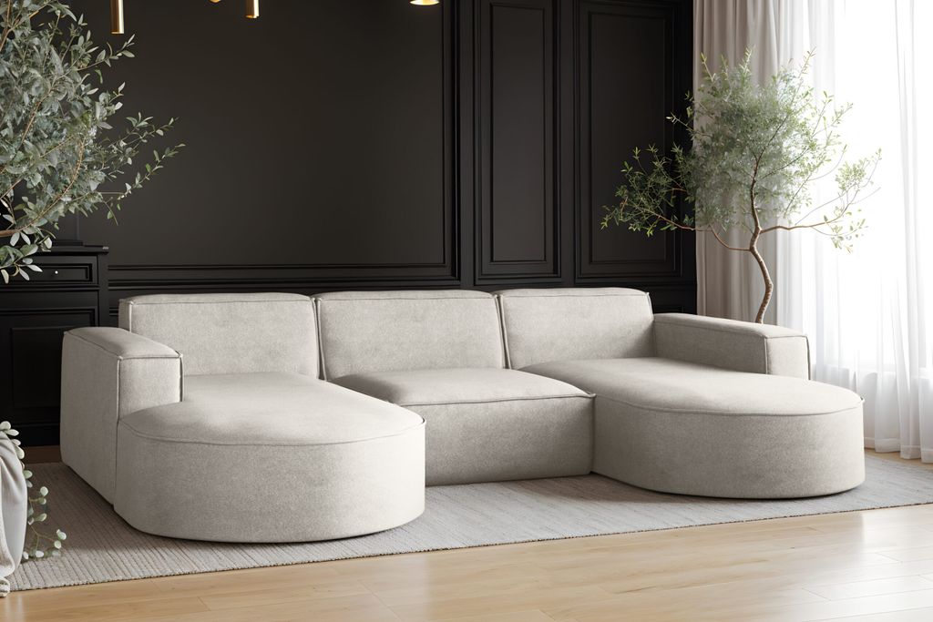 Kaiser Möbel Ecksofa Modena U-Form, Sofa Elegant und Moderne Stoff Salvador Hellgrau