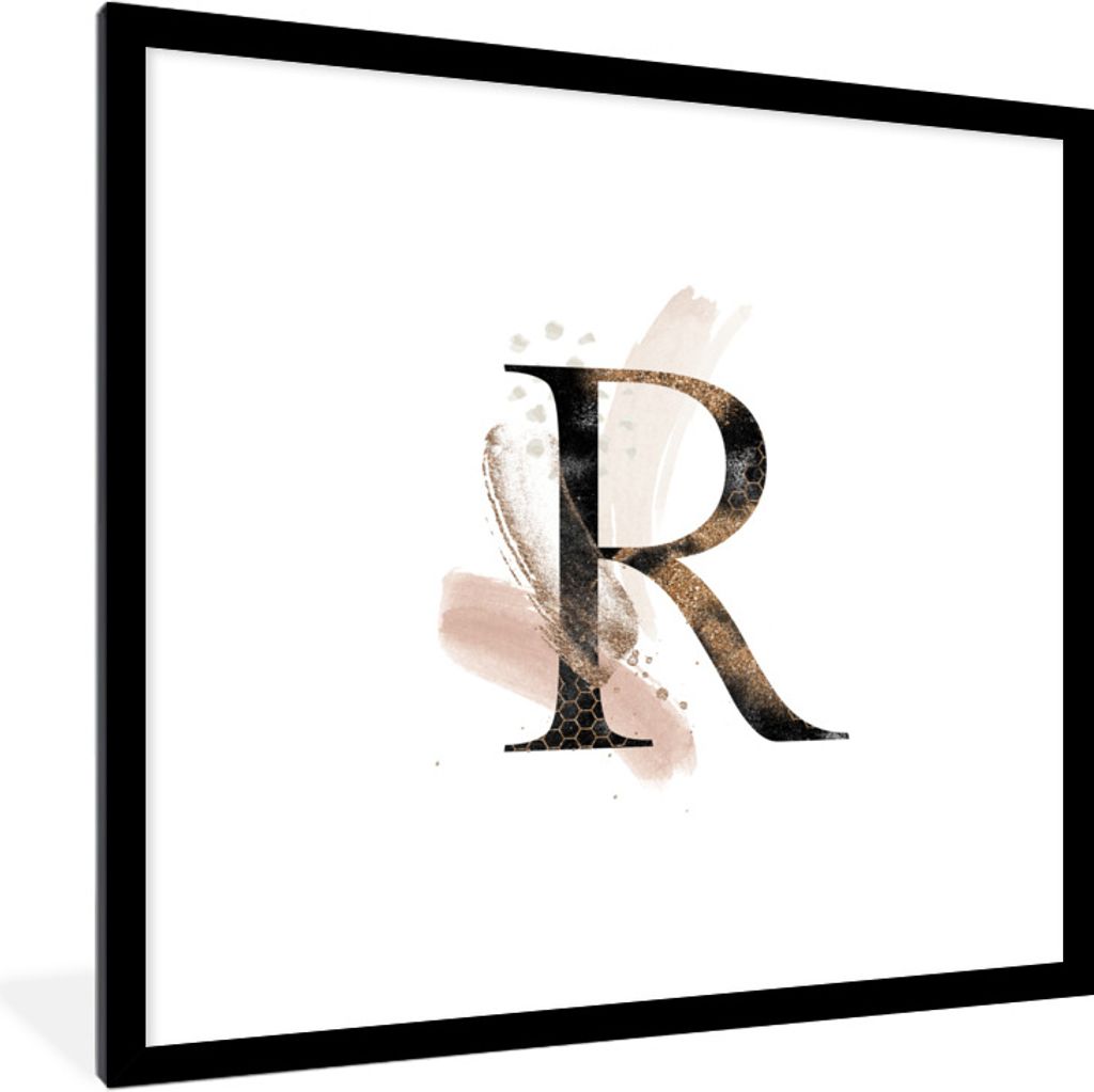 Poster mit Rahmen - Aquarell - Buchstabe - R - Glitter - 40x40 cm - Poster mit zchwarzem Bilderrahmen