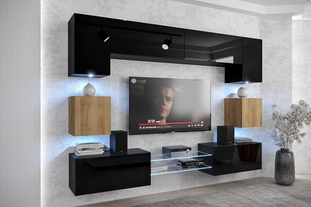 Furnitech Wohnwand Wohnzimmer - Wohnzimmer Möbel mit LED Weiß - Hängend Wohnwand Modern - Wohnzimmer Schrankwand mit Regale und TV Schrank (Nowa...