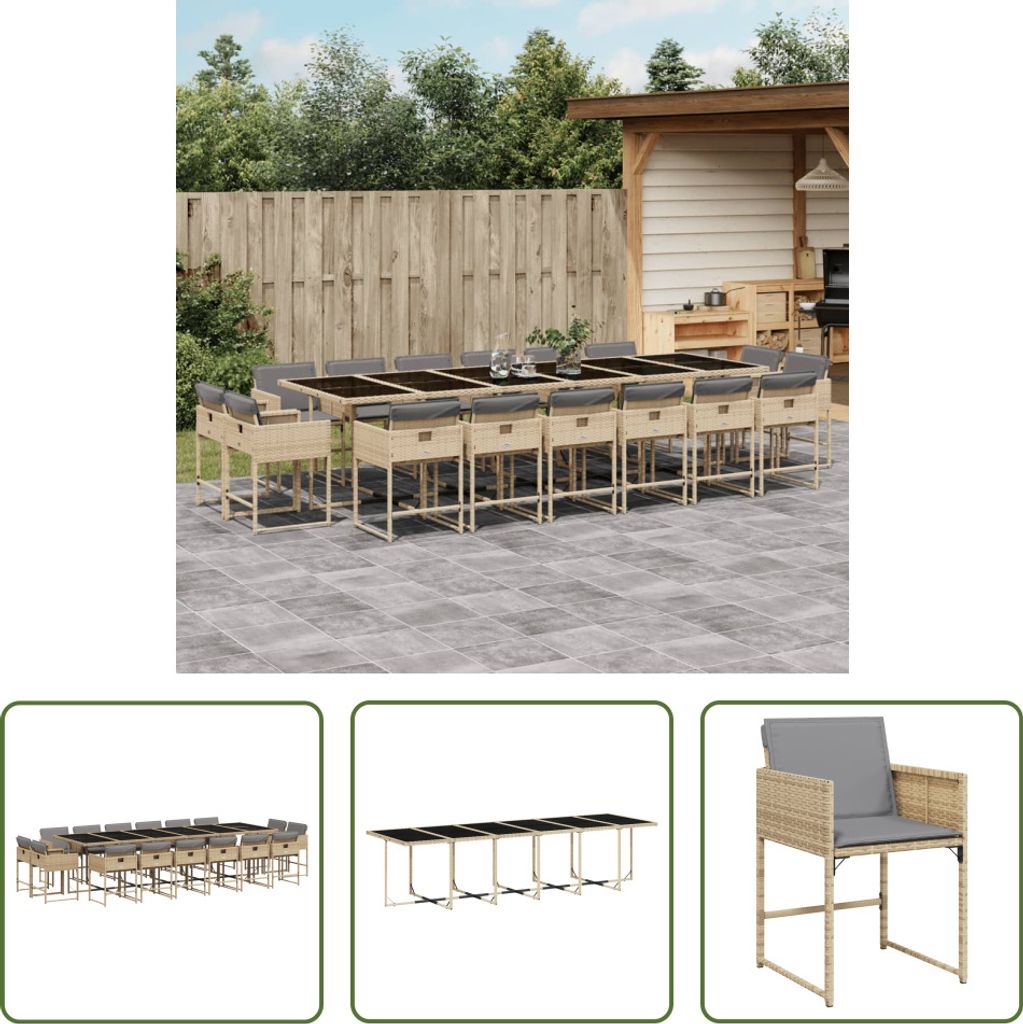 The Living Store 17-tlg. Garten-Essgruppe mit Kissen Beigemischung Poly Rattan
