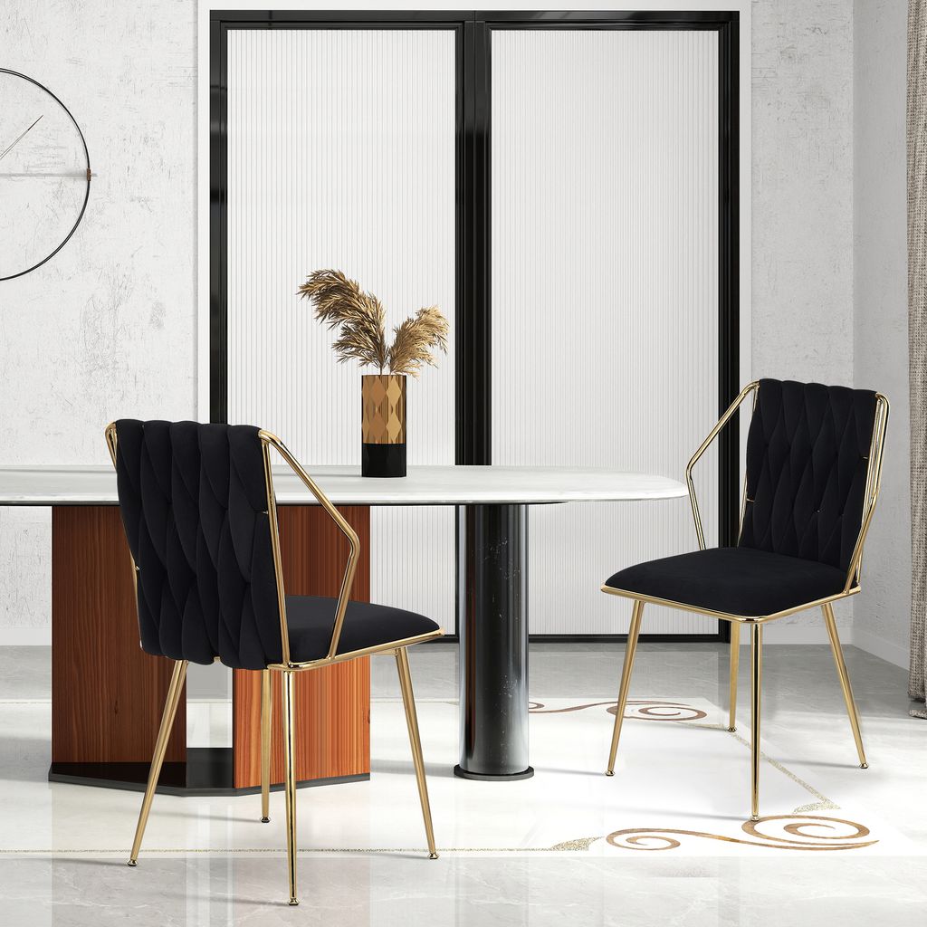 Fortuna Lai 2er Set Esszimmerstühle mit Rückenlehne, Stuhl im Esszimmer mit Samtbezug, bequemer Polsterstuhl, Küchenstuhl mit Metallbeinen, Schwarz