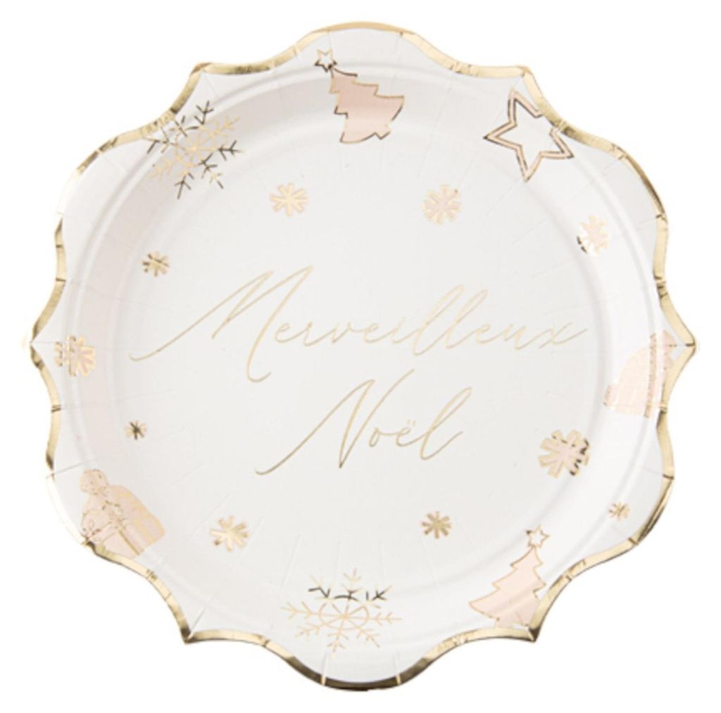8 Pappteller Merveilleux Noël Weiß und Gold 23 cm - Einheitsgröße
