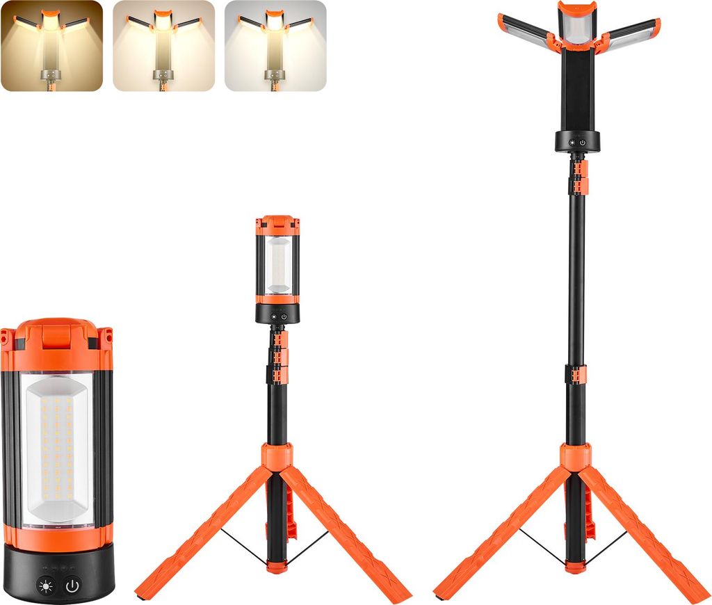 VEVOR Baustrahler LED mit Stativ, Arbeitsleuchte 10 Ah, wiederaufladbares Campinglicht, mit 3 Lampenköpfen, abnehmbarem Stativständer, 2200 LM 30...