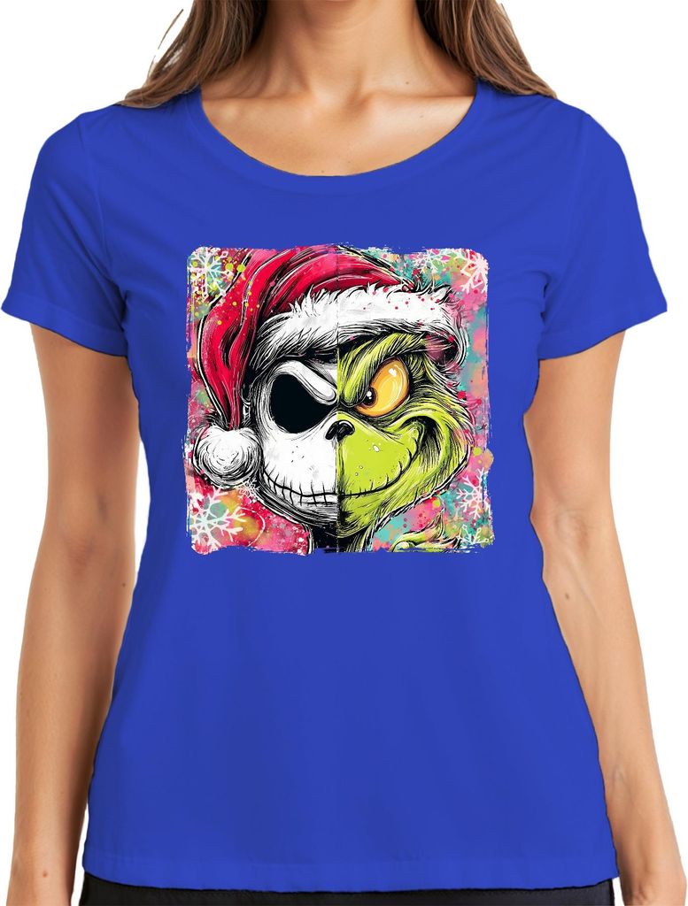 Grinch Jack Skellington Skelett Nightmare before Christmas Weihnachten Damen T-Shirt, Blau, M