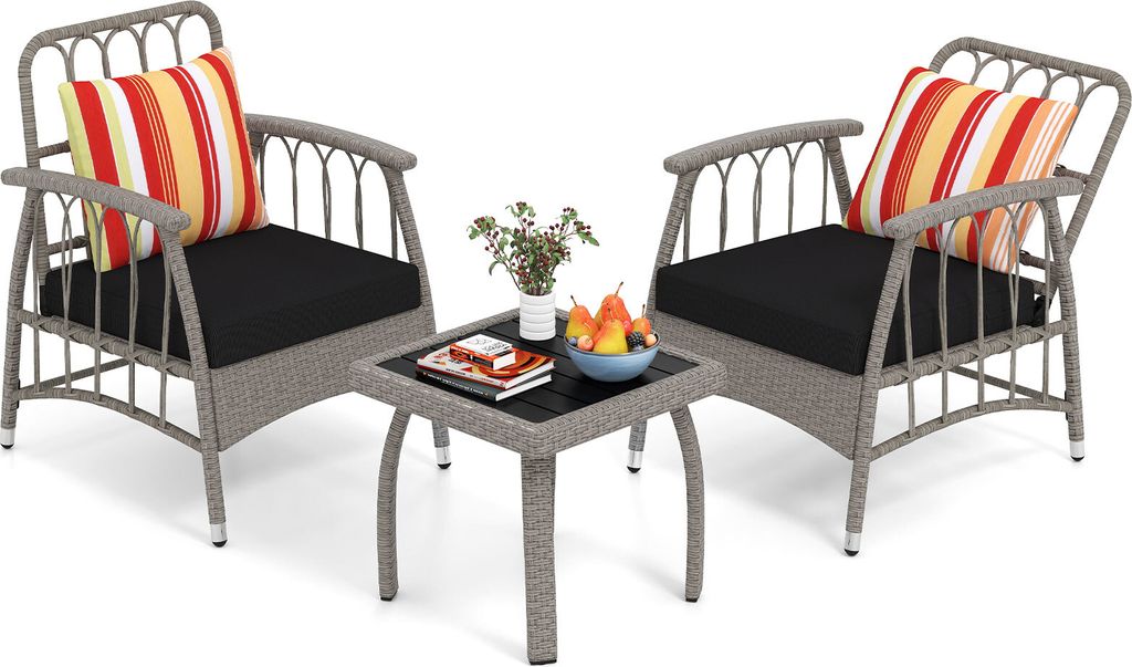 COSTWAY Gartenmöbel Set Polyrattan, Balkonmöbel mit 5-stufig verstellbarer Rückenlehne, Tisch & Sitzkissen, Terassenmöbel Sitzgruppe Wetterfest