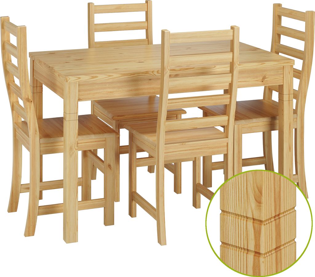 Schöne Essgruppe mit Tisch und 4 Stühle Kiefer Massivholz natur 90.70-51 B-Set 21