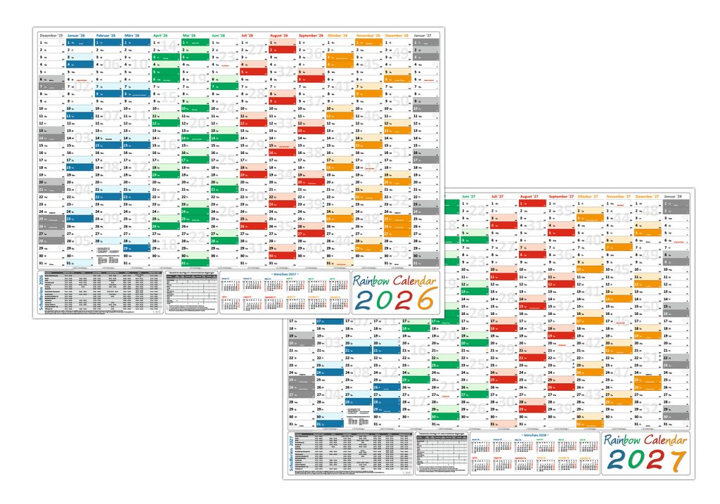 Rainbow Wandkalender / Wandplaner 2026 + 2027 (gerollt) DIN A0 Format (841 x 1189 mm) 14 Monate, komplette Jahresvorschau Folgejahr und Ferientermi...