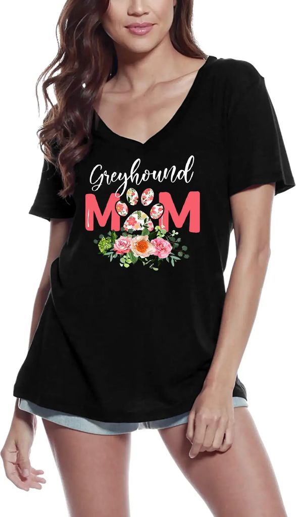 Damen Grafik T-Shirt V-Ausschnitt Greyhound Mama Pfote - Mutter Hundeliebhaberin – Greyhound Mom Paw - Mother Dog Lover – Öko-Verantwortlich V...