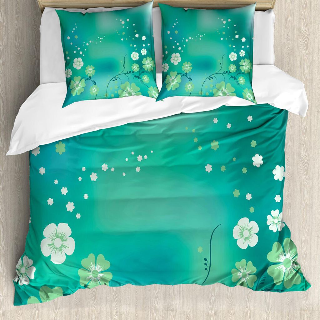 ABAKUHAUS Green Flower Bettbezug Set, Magische Blumenanordnung mystische Vibes verlässt Blumenblatt-Strudel, 200 x 200 cm + 80 x 80 cm, Pistazieng...