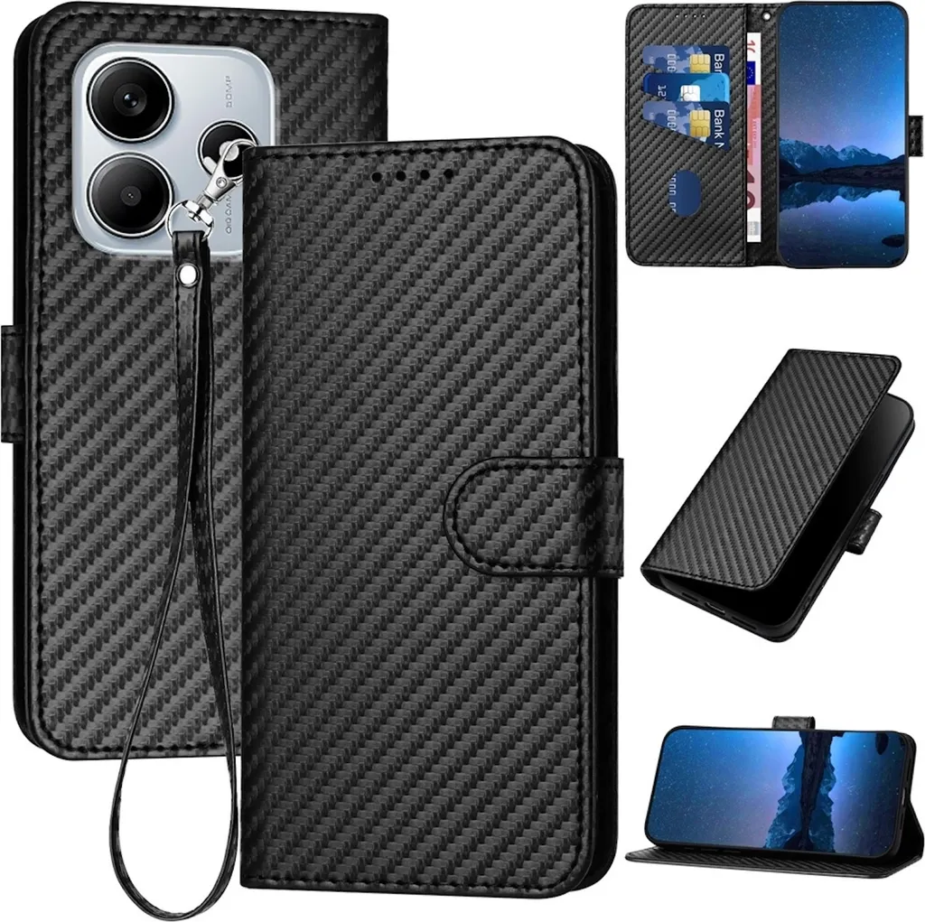 Cover Xiaomi Redmi Note 14 5G Pelle Nera e Carbonio con Laccio