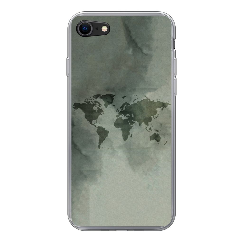 MuchoWow Handyhülle Schutzhülle Hülle für iPhone 7 Weltkarte - Grün - Grau Silikon Softcase Handy Hülle - Kartenhalter