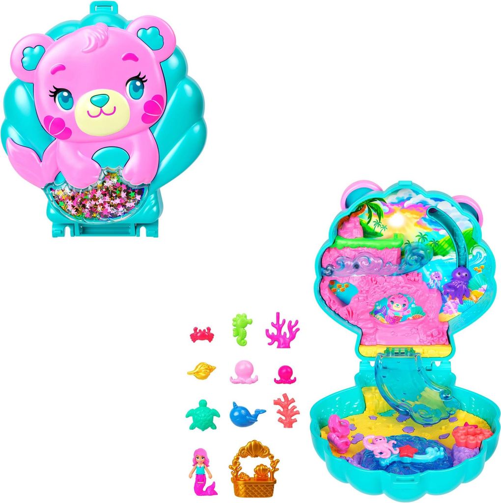 Mattel Polly Pocket Glitzerinsel-Schatulle, Spielset mit 1 Mini-Meerjungfrauenpuppe und Meerestieren, Reisespielzeug mit passen
