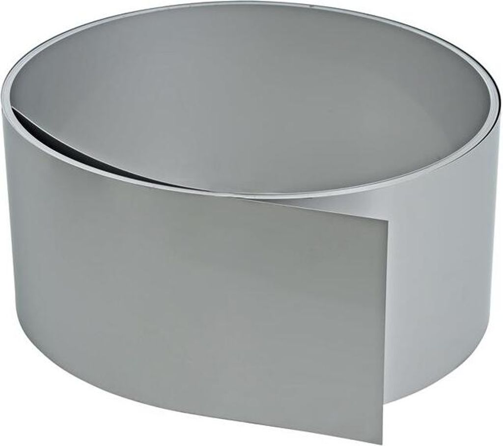 A roll of stainless steel edging for garden beds or raised beds.