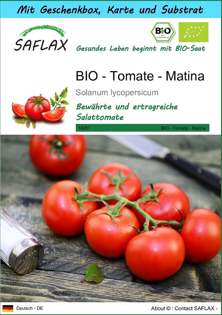 SAFLAX - Geschenk Set - BIO - Tomate - Matina - 10 Samen - Mit Geschenk- / Versandbox, Versandaufkleber, Geschenkkarte und Anzuchtsubstrat - Solanu...