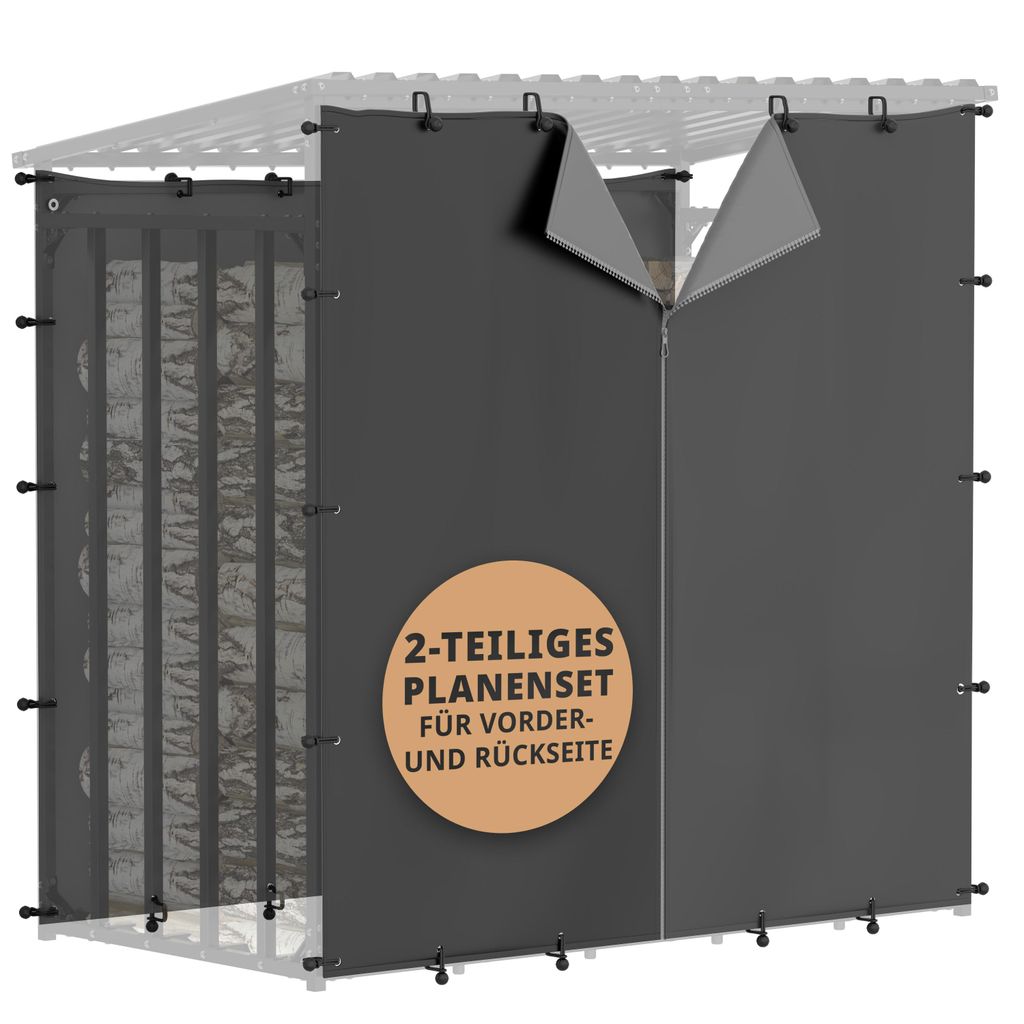 A dark gray tarp set for a firewood rack, shown attached to a rack structure.