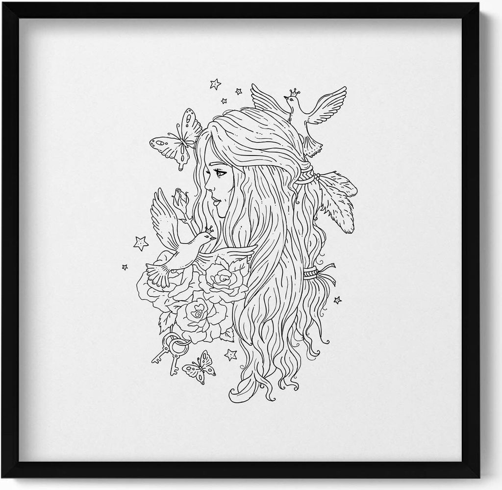 Line-art Illustration eines Mädchens– Wandbild mit Rahmen – Gerahmtes Bild – Wanddekoration – 50x50 cm – Schwarz Rahmen