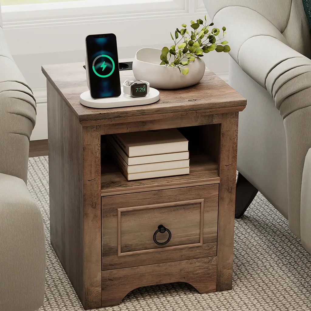 Petite table d'appoint de chambre avec prises USB et éclairage LED doux