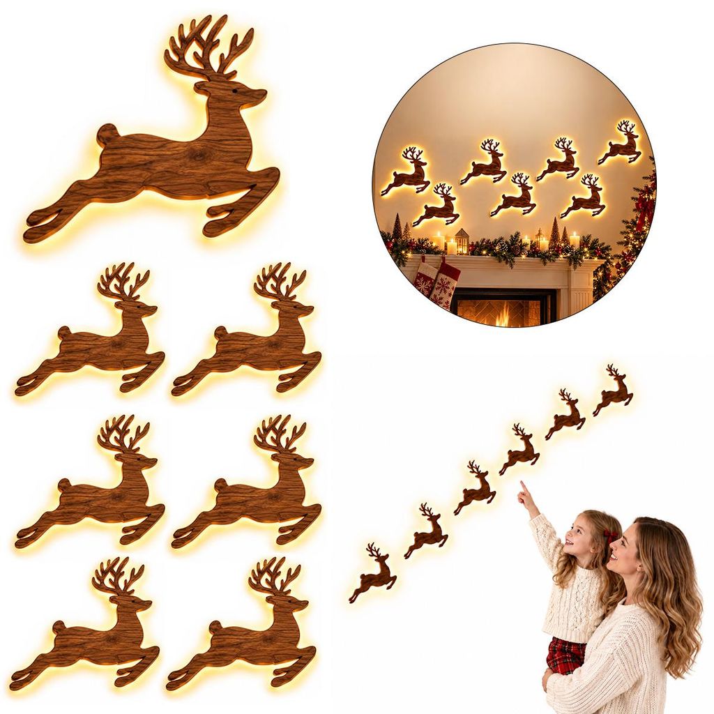 LED Weihnachtsdeko Rentier 7-teilig, 3D Holz Wanddeko, Produktbild 