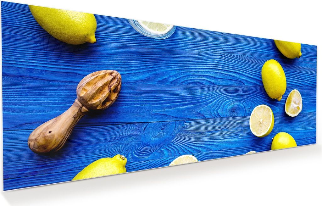 Glasbild Wandbild Zitronen auf Holztisch 100x40cm in XXL für Wohnzimmer, Schlafzimmer, Badezimmer, Flur
