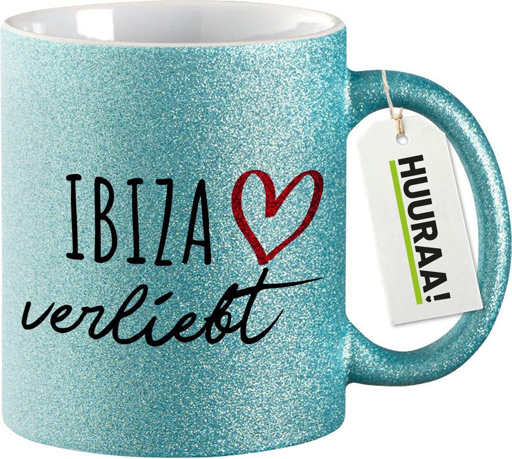 Huuraa Glitzertasse Ibiza verliebt 330ml Blau Keramik Kaffeebecher Geschenkidee