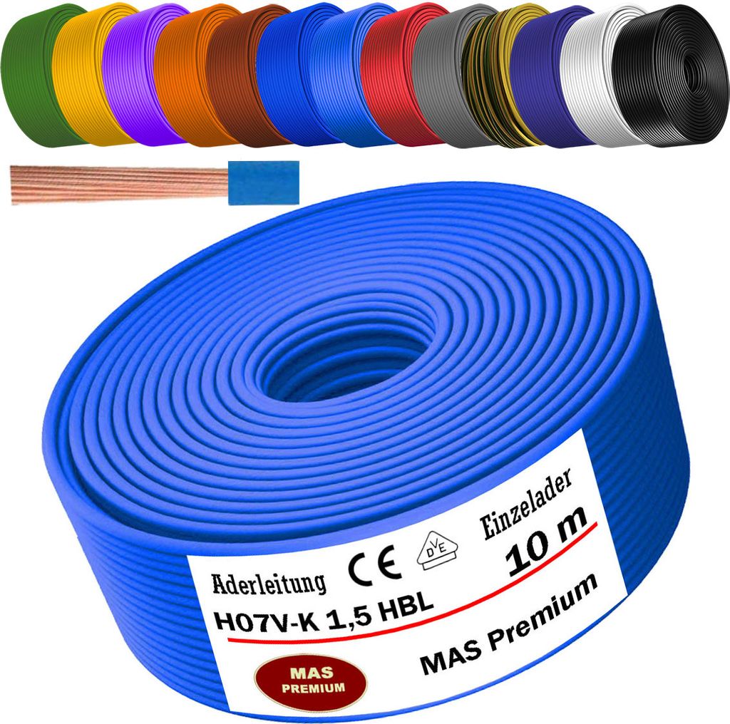 10m Aderleitung H07 V-K HBL 1x1,5 mm² Hellblau Einzelader flexibel