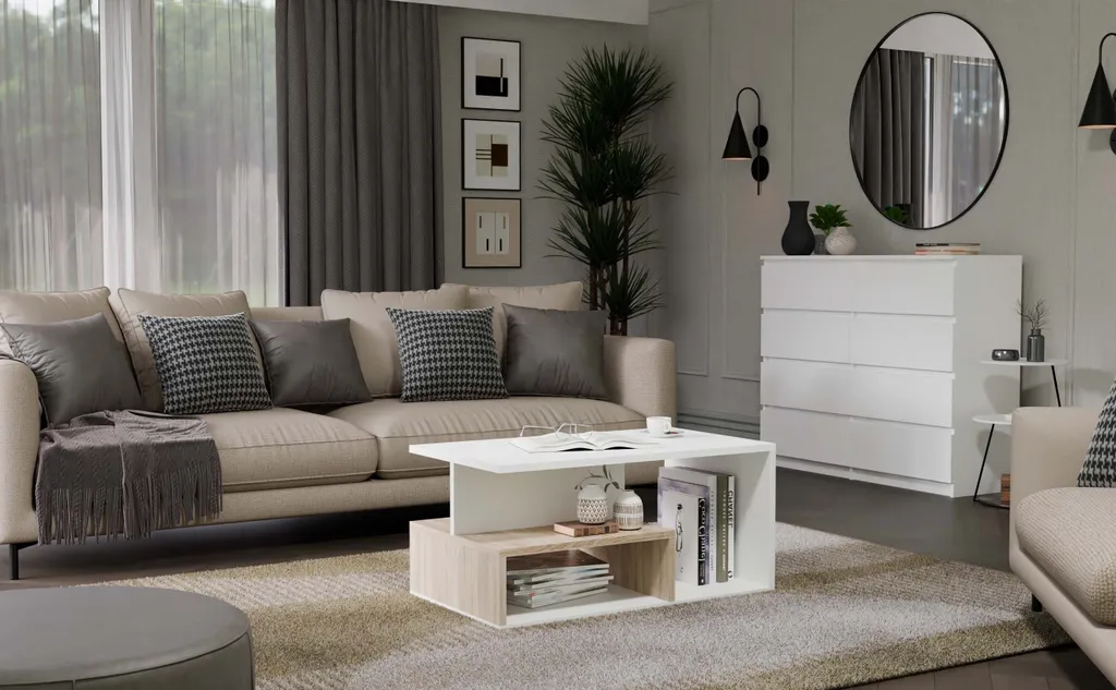 Table basse LIHUA 100cm chêne sonoma robuste avec finitions blanches - 5