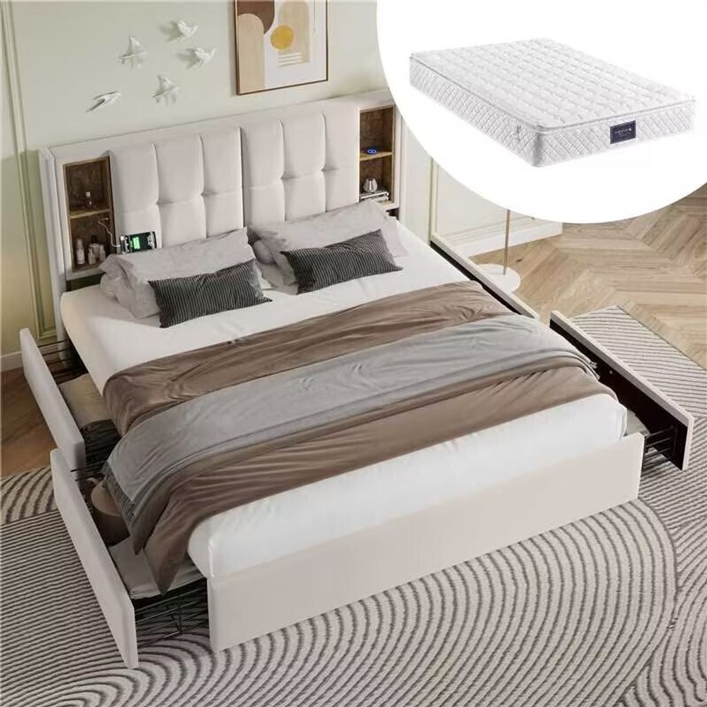 Polsterbett Doppelbett mit Kabellosem Laden USB C& 4 Schubladen , Polsterbett Bettgestell 160x200cm,Lattenrost aus Holz-Beige Samt (Mit Matratze)