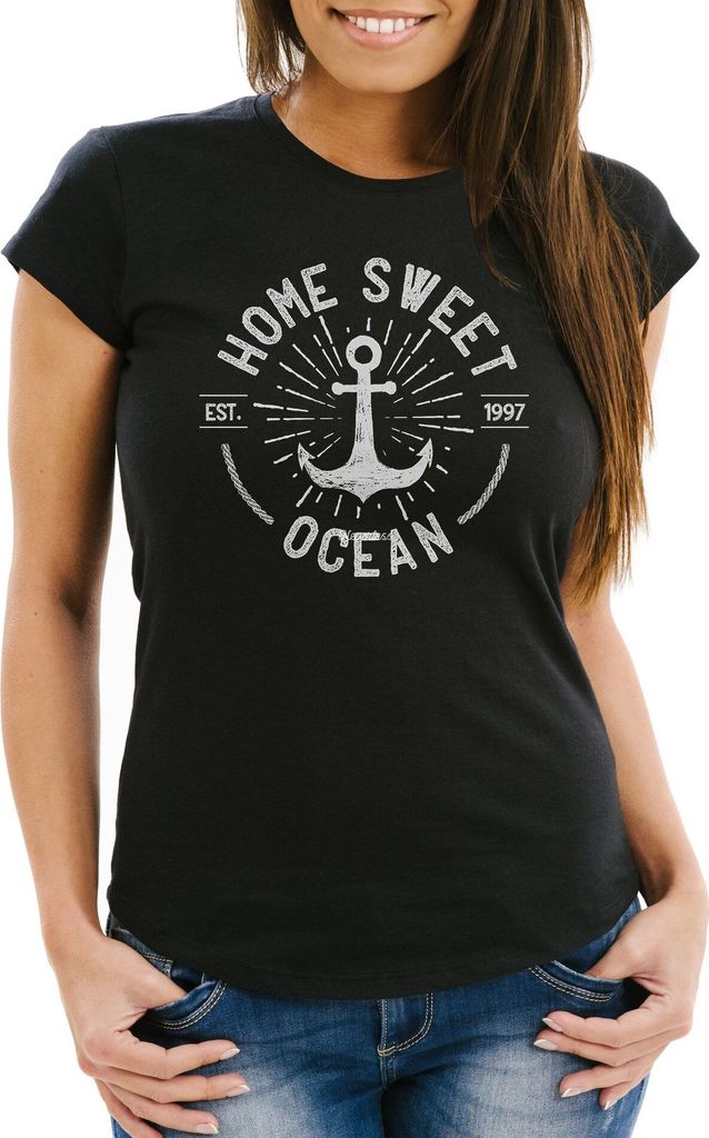 Damen T-Shirt Anker Logo maritim Home Sweet Ocean Schriftzug Fashion Streetstyle Slim Fit Neverless schwarz XXL