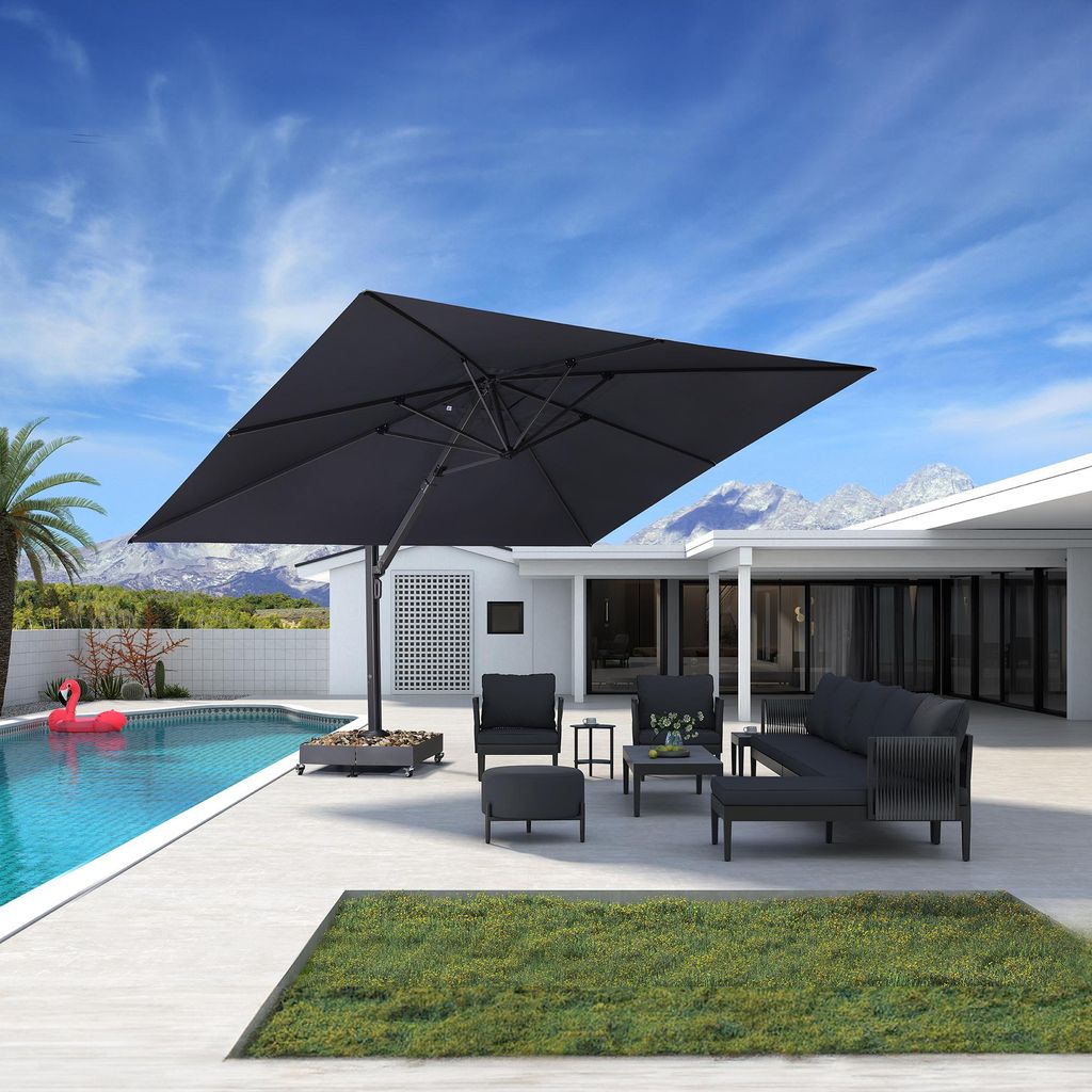 PURPLE LEAF Ampelschirm Rechteckiger Aluminium Terrassenschirm,Groß Sonnenschirm 330 x 450 cm, 360° Drehbar für Terrasse, Balkon Sonnenschutz, Grau