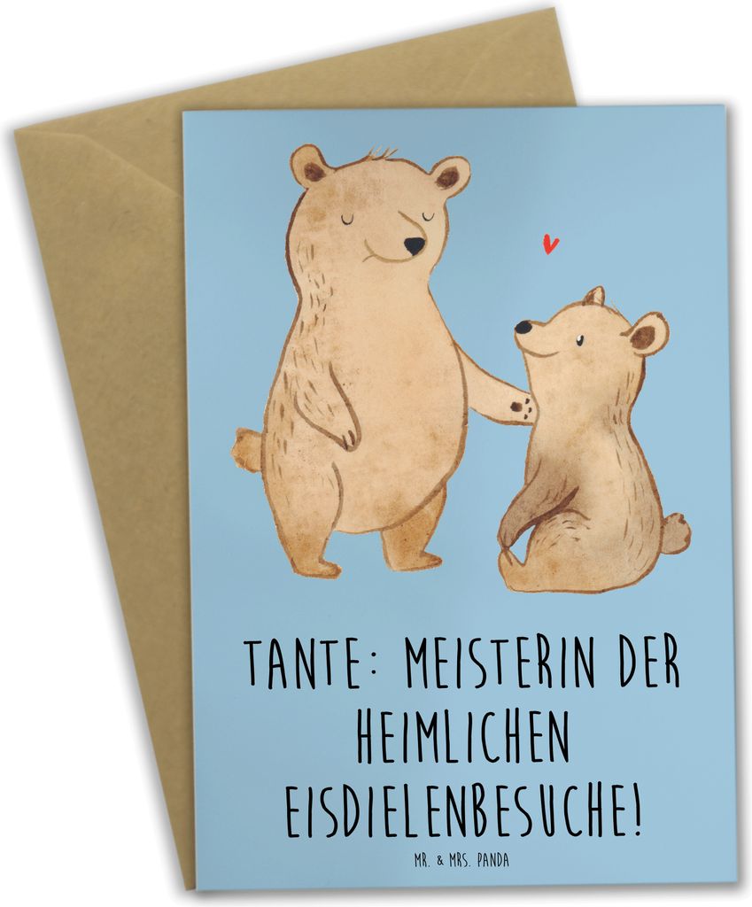 Mr. & Mrs. Panda Grußkarte Tante Eisdielenmeisterin - Blau Pastell - Geschenk, Neffe, Handarbeit, Geschenke, Nichte, Familie, hochzeitskarten, Hum...