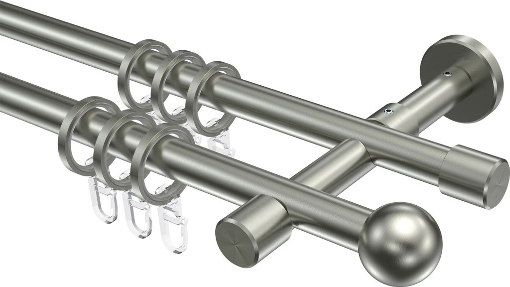 Interdeco Gardinenstange / Vorhangstange Edelstahl-Optik, Typ Sinux Puros (Kugel), 16 mm Ø 2-läufig, 400 cm