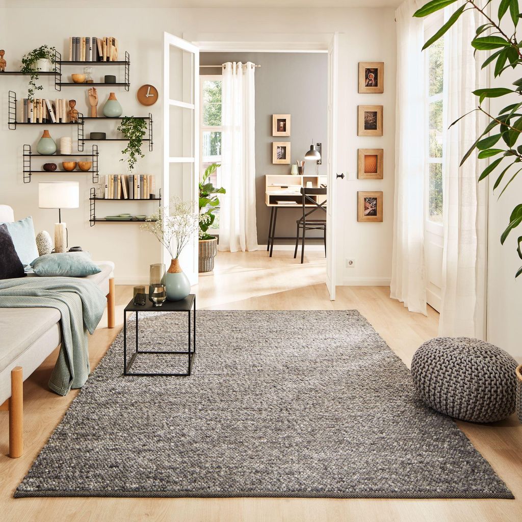 Steffensmeier Handwebteppich Rotach | Wolle (Schurwolle) gewalkt, Anthrazit, handgewebt, Größe: 70x130 cm Wohnzimmer und Schlafzimmer