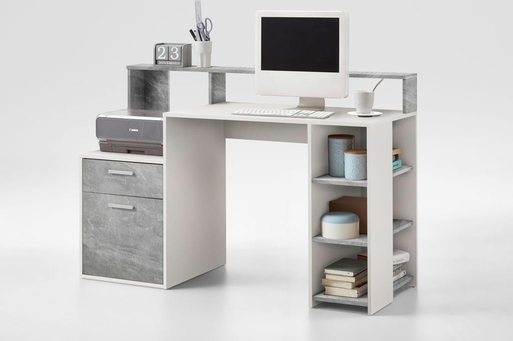 Schreibtisch >BOLTON< in weiß-Beton LA - 138,5x91,6x53,5cm (BxHxT)