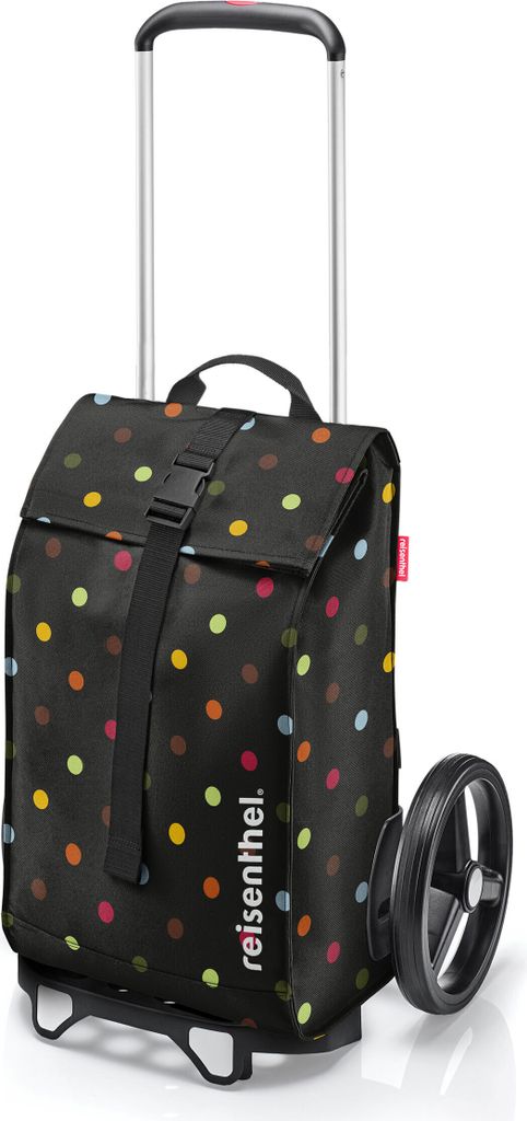 A black shopping trolley with colorful polka dots and a telescopic handle.