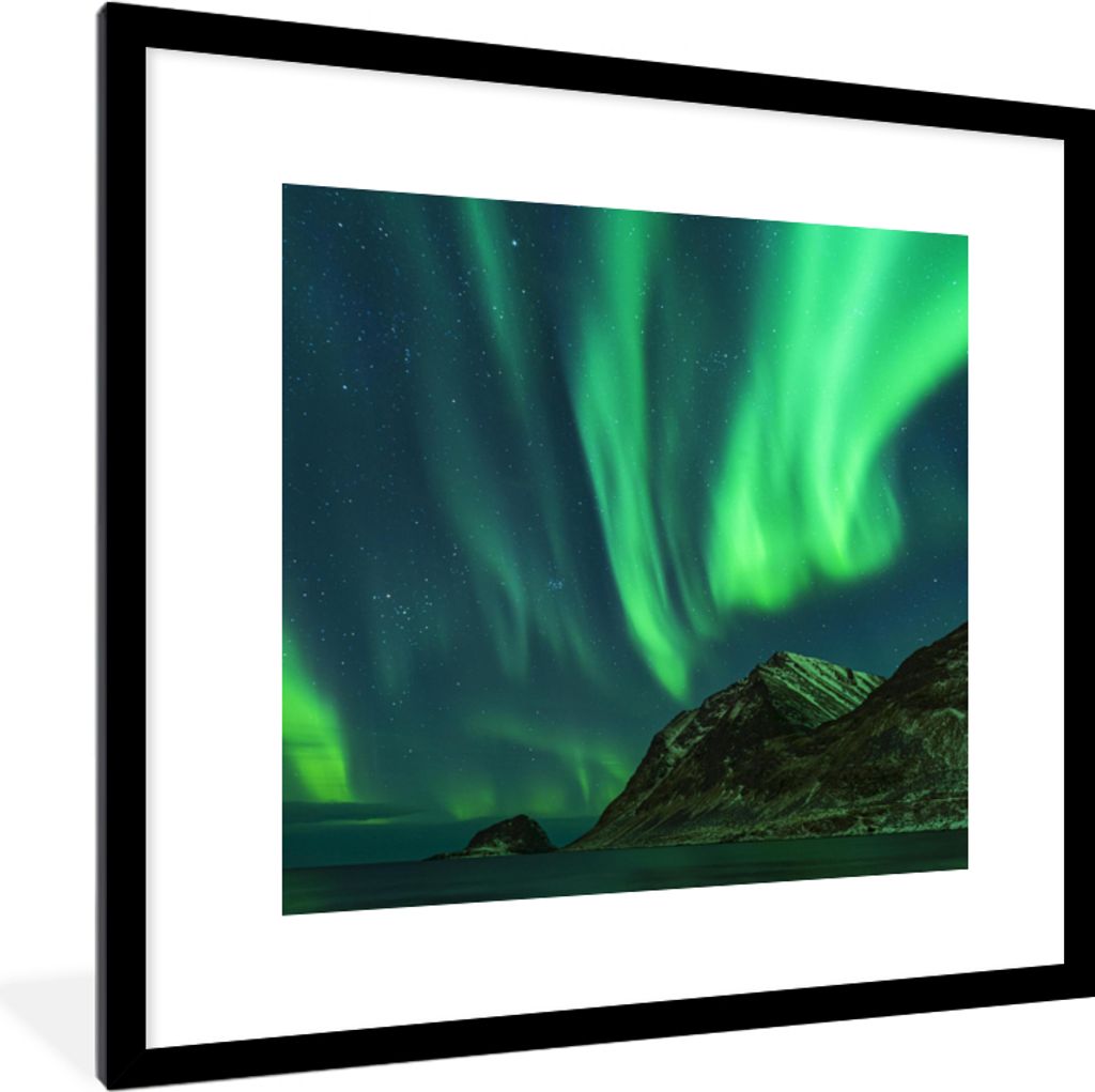MuchoWow Gerahmtes Poster Nordlichter - Sternenhimmel - Norwegen 40x40 cm - Poster mit Schwarzem Bilderrahmen Wandposter Rahmen Foto Bilder - Pos...