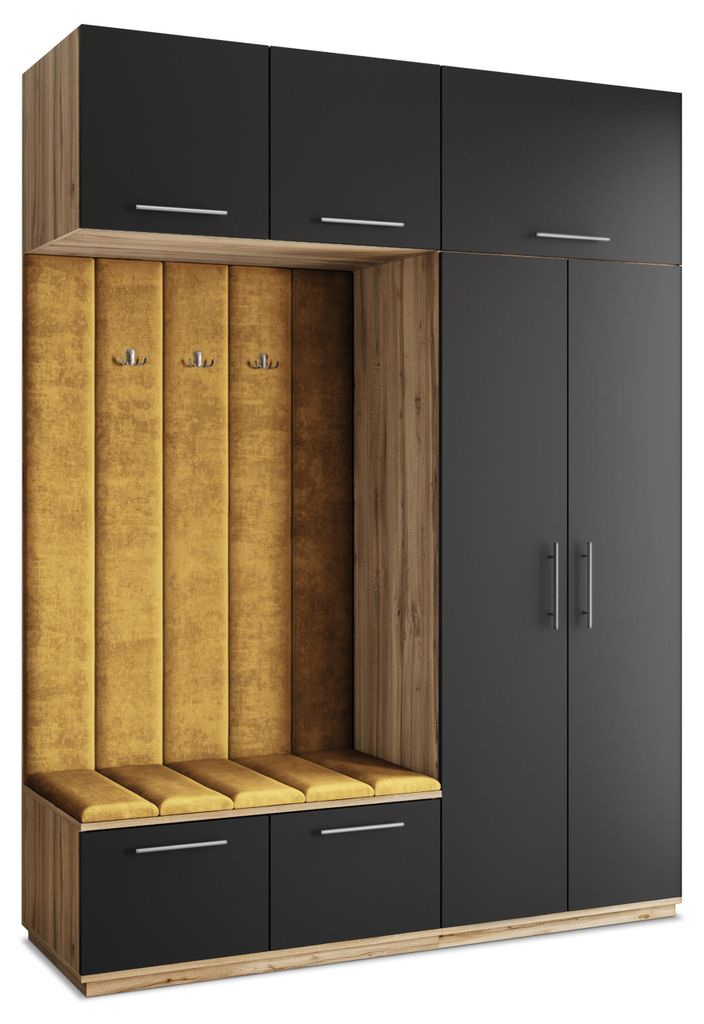 Masseno Garderobe-Set REMA 180/240/60 cm Modern Garderobenschrank Eiche Wotan, Veloursstoff MONOLITH 48 (Gelb)