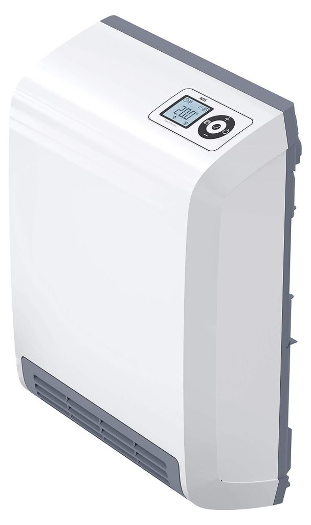 A white and gray electric heater with a digital display and control panel.