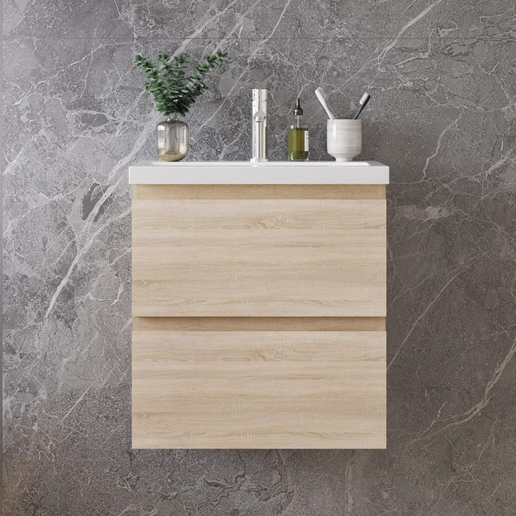 50 cm Badmöbel-Set Unterschrank mit Mineralguss waschtisch 2 Schubladen soft-close Eiche Matt Selbstmontierter