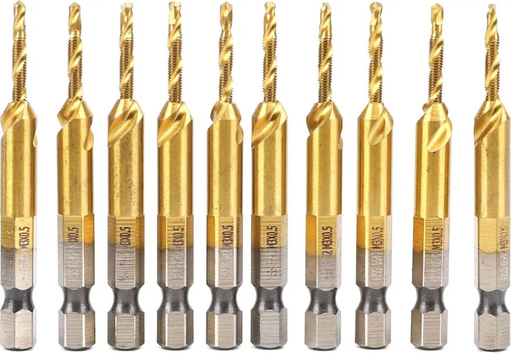 Lot de 10 forets tarauds M3-M10 HSS titane avec queue hexagonale 1/4