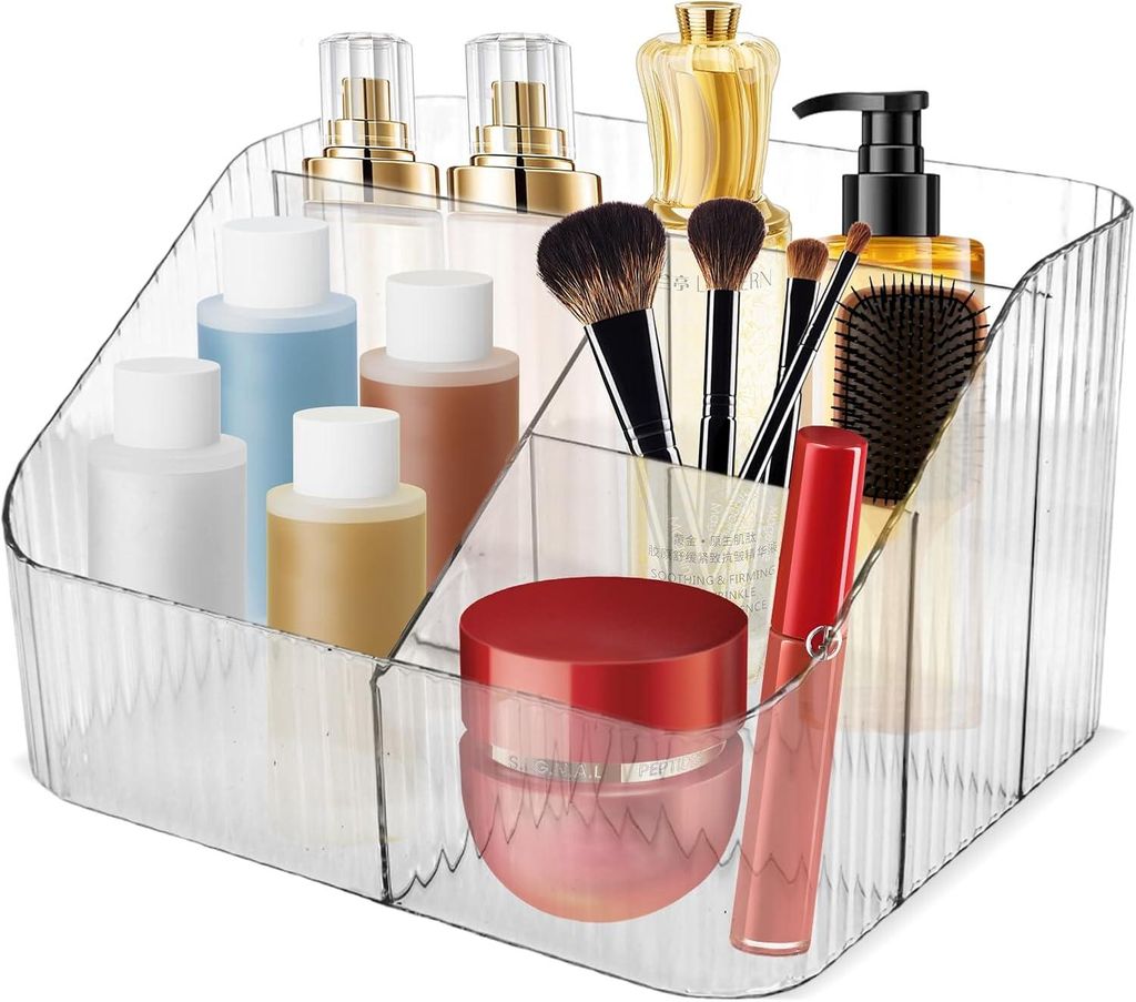Elegante und kompakte transparente Box mit modularen Fächern für Make-up und Hautpflegeprodukte, zur Verwendung auf einem Schreibtisch/Schminktisch.