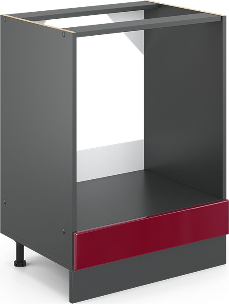 A gray cabinet with a red high-gloss trim and a black leg.