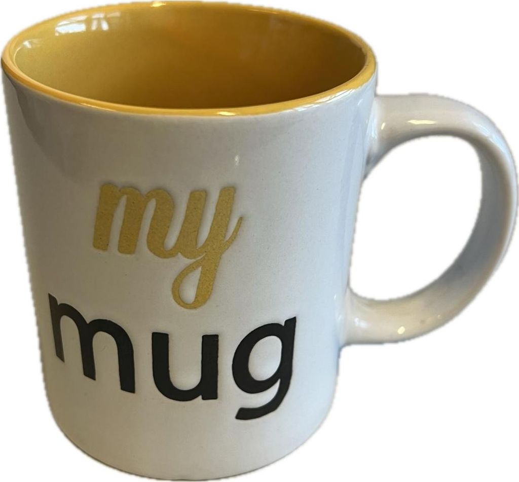041 Kaffeetasse gelb weiss, Aufdruck "my mug"