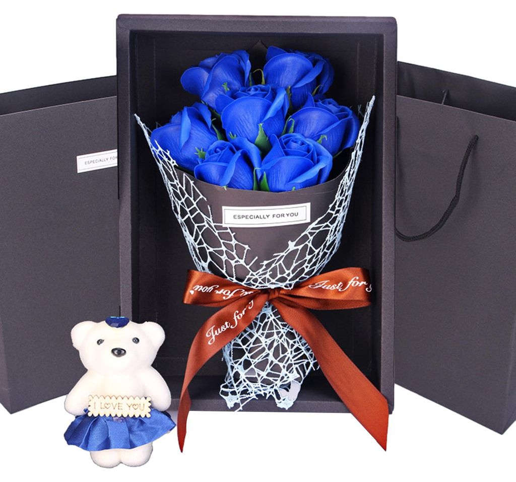 Valentinstag-Blumenstrauß mit Bär und Geschenkbox, 7 duftende Seifenblumen, künstlicher Rosen-Nelkenstrauß für Frauen, Mütter, Geburtstag, Ja...