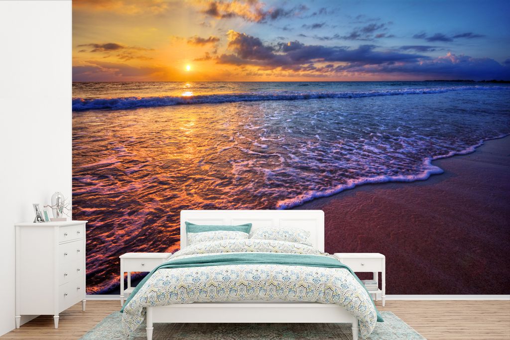 MuchoWow Fototapete für Wohnzimmer oder Schlafzimmer Wandtapete Vinyl Motivtapete Meer - Strand - Sonnenuntergang - Wolken - Horizont - 360x240 ...