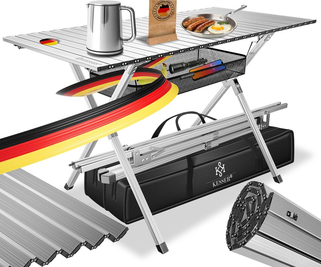 KESSER Campingtisch Klapptisch faltbar 145x70cm bis 100kg mit Aluminium-Rahmen & Aufrollbare Tischplatte inkl. Tragetasche mit Trageband & Netzta...
