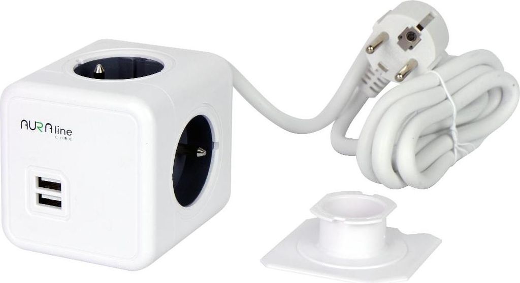 Verlängerungskabel 4 Steckdosen + 2 USB 2,1A/5V AURA-Linie CUBE-Kabel 1,5m 16A Montagehalterung