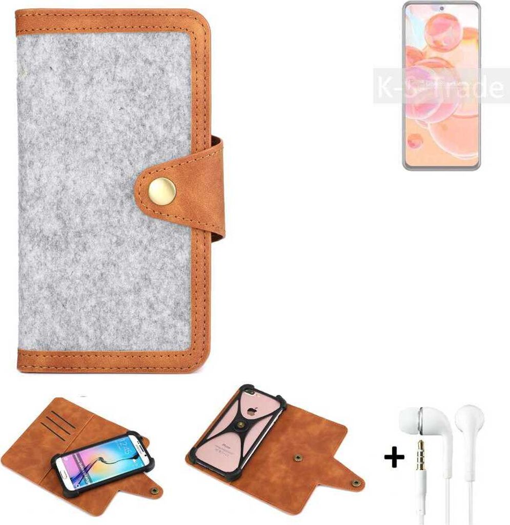 K-S-Trade Handyhülle + Kopfhörer kompatibel mit ZTE Blade V40 Pro Schutzhülle Filz Hülle Kunstleder hellgrau braun (1x)