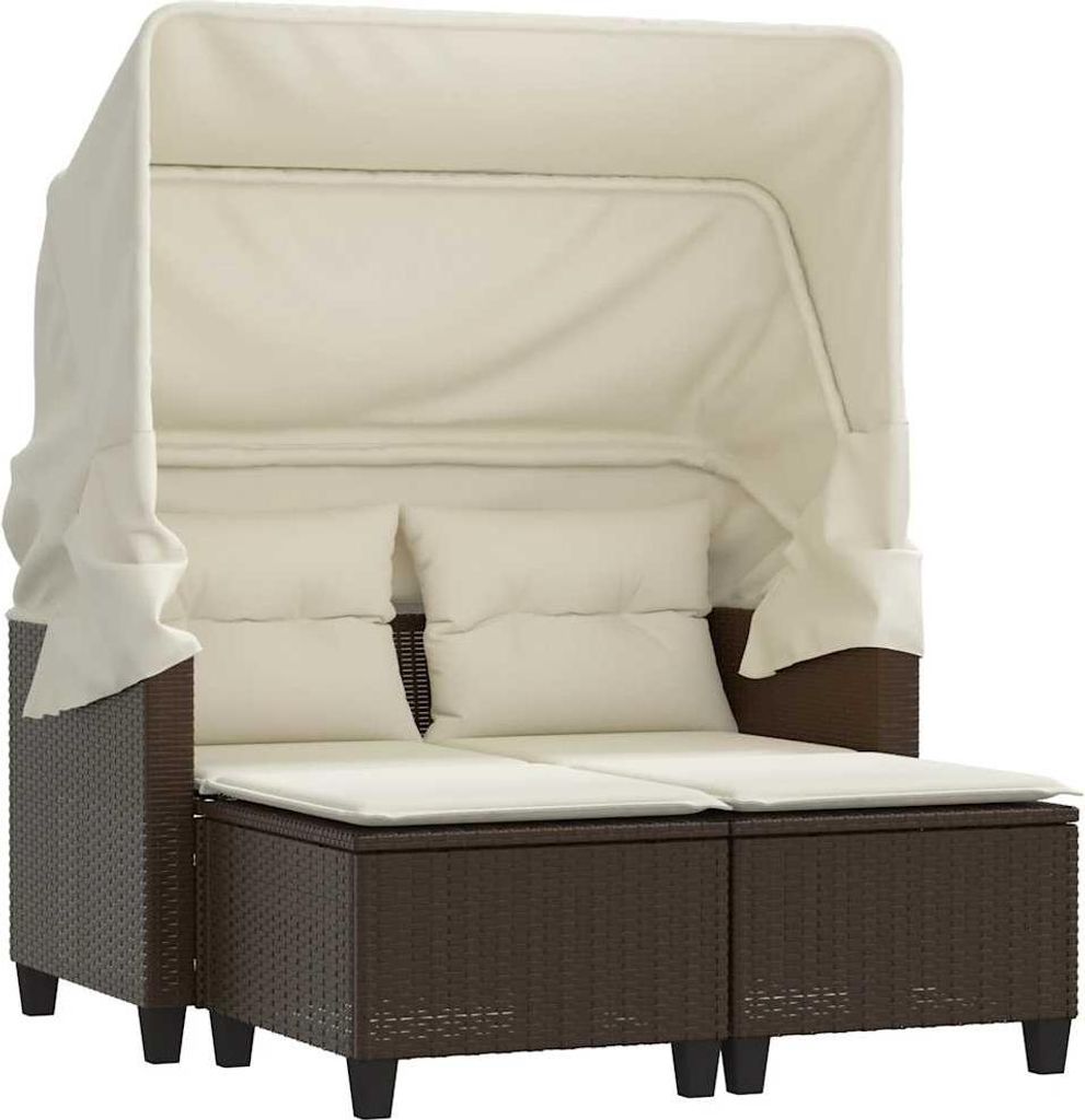 vidaXL Gartensofa 2-Sitzer mit Dach und Hockern Braun Poly Rattan